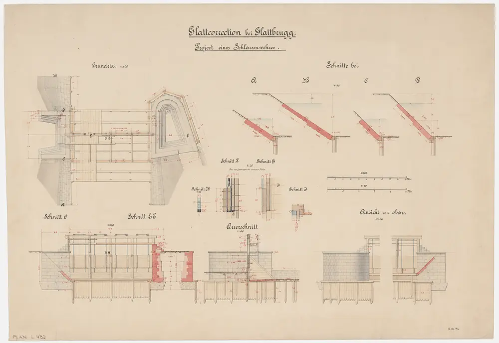 Opfikon: Mühle und Wehr bzw. Stauanlage in Glattbrugg, Glattkorrektion, projektiertes (nicht ausgeführtes) Schleusenwehr; Grundriss, Querschnitt und Schnitte