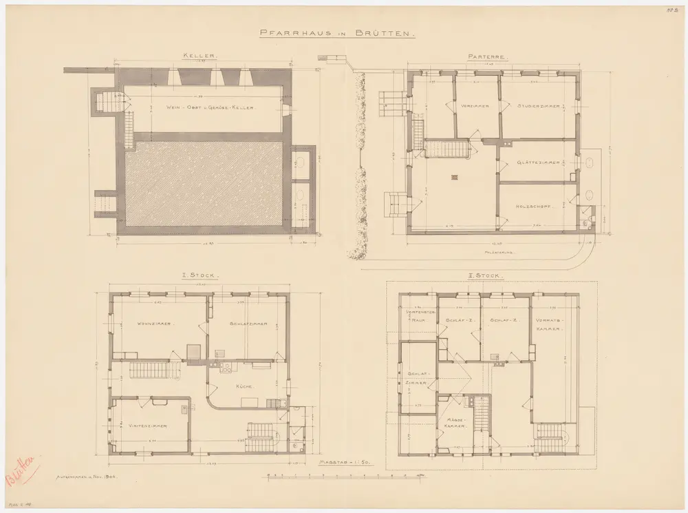 Brütten: Pfarrhaus, Keller und Erdgeschoss, 1. und 2. Stock; Grundrisse (Nr. 8)