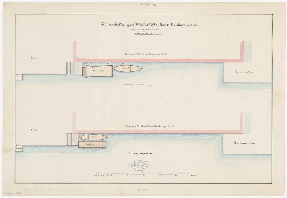 Enge, Zürich: Schanzengraben oberhalb der Bleicherwegbrücke beim Haus zum Werkhof, frühere Stellung von Waschschiff und Gondel, projektiertes Waschfloss und Gondel; Situationsplan