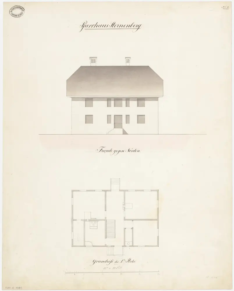 Sternenberg: Pfarrhaus; Grundriss des 1. Stocks und Nordansicht (Nr. 3)