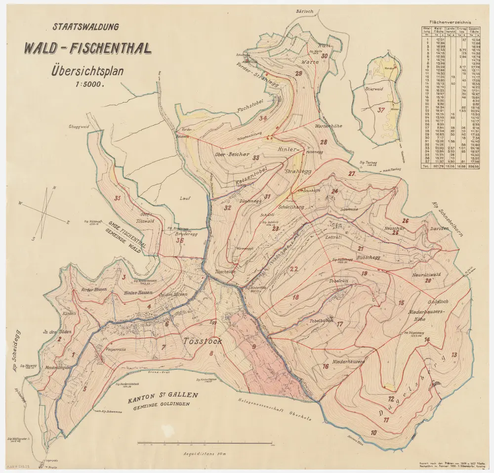 Wald, Fischenthal, Goldingen SG: Waldungen: Wald, Fischenthal: Staatswaldungen Stralegg (Strahlegg), Warten, Schürli, Hübschegg, Dägelsberg, Tösswald, Hüttkopf, Vorderhessen, Hinterhessen, Momilchgubel (Mondmilchgubel), Tössstock; Übersichtsplan