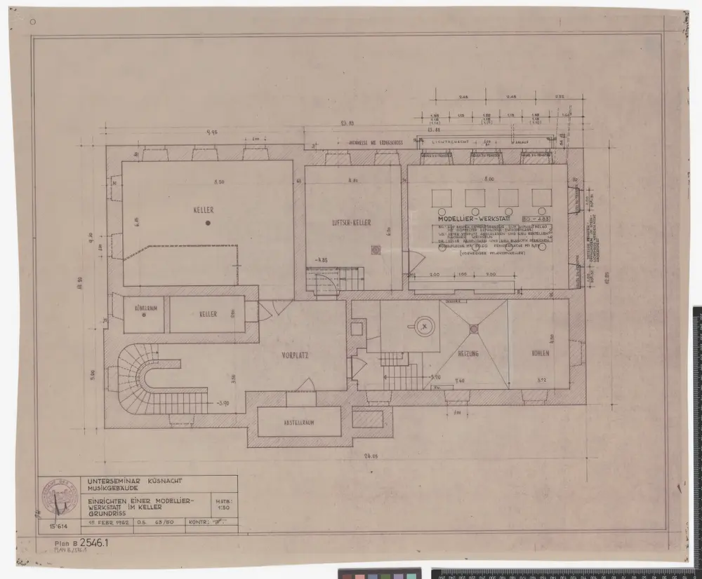Küsnacht: Seminar, Musikgebäude, Kellergeschoss, Einrichten einer Modellierwerkstatt: Grundriss