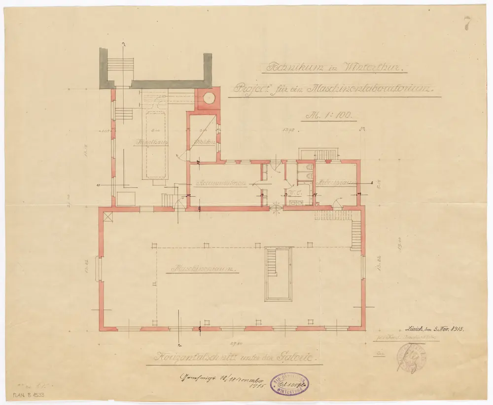 Winterthur: Technikum, projektiertes Maschinenlaboratorium, unter der Galerie; Horizontalschnitt (Nr. 7)