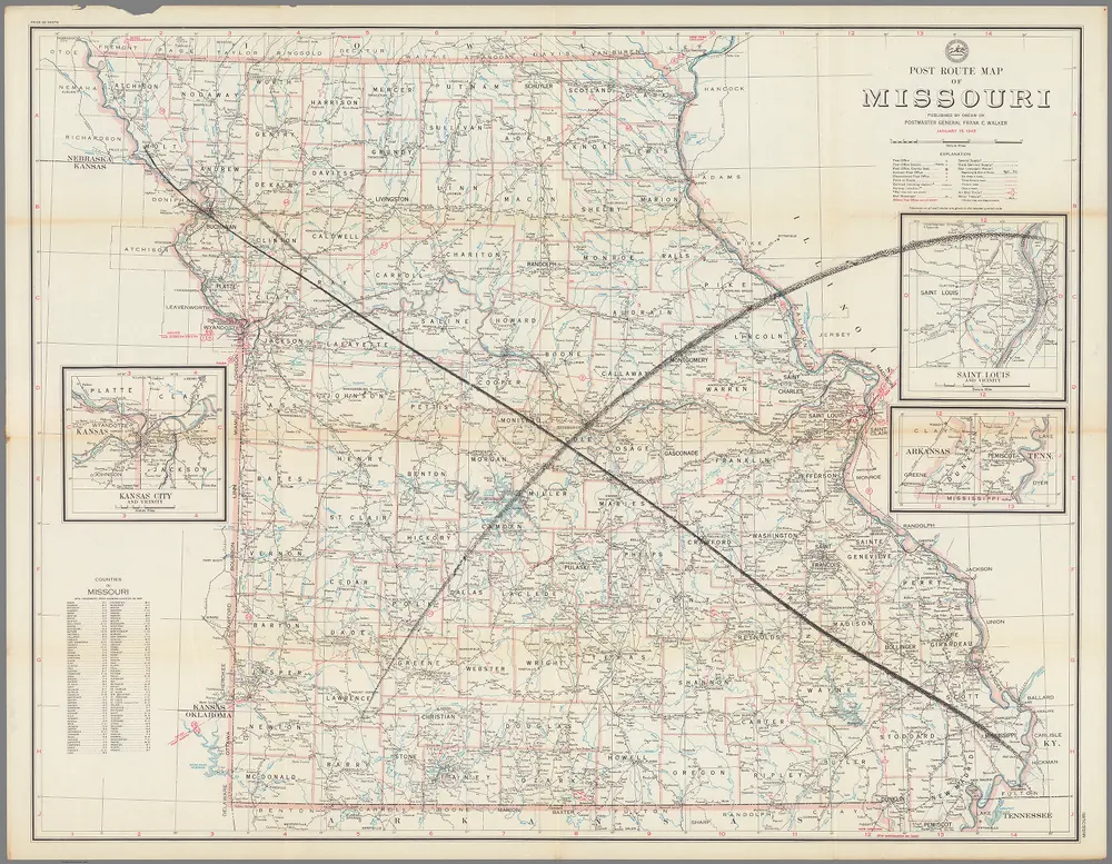 Post Route Map of the State of Missouri Showing Post Offices ... January 15, 1945.