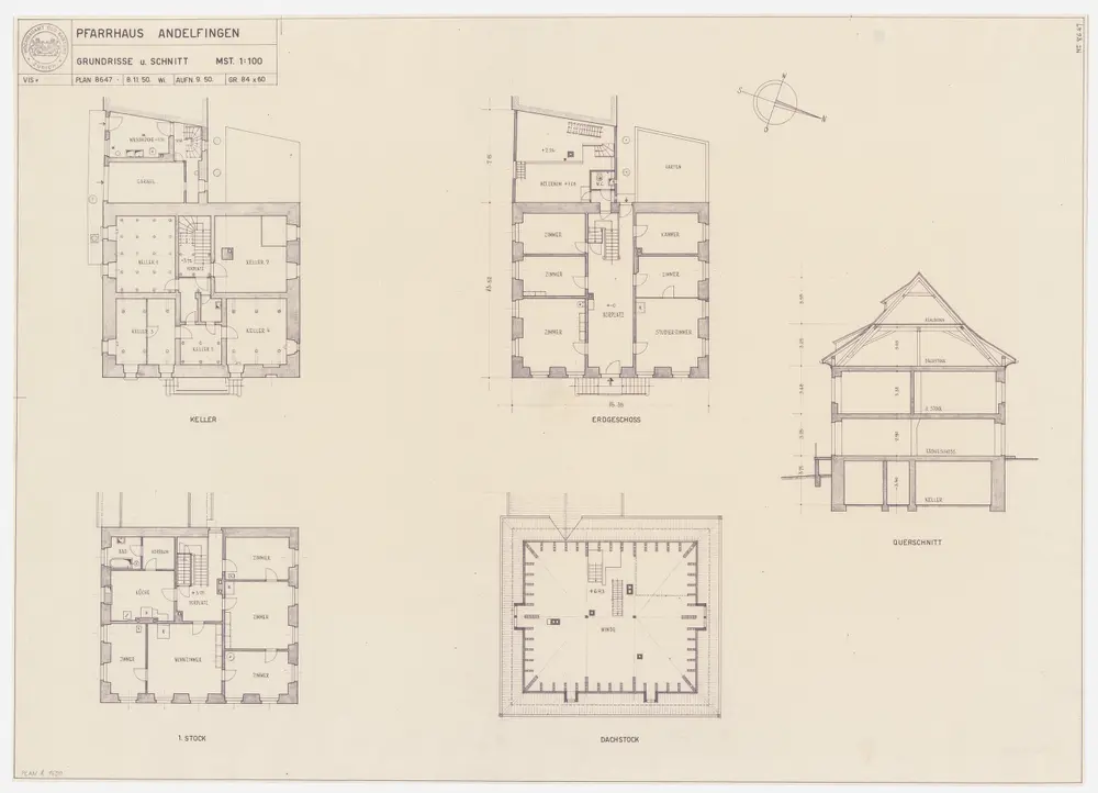 Andelfingen: Pfarrhaus; Grundrisse des Kellers, Erdgeschosses, 1. Stocks und Dachgeschosses und Querschnitt