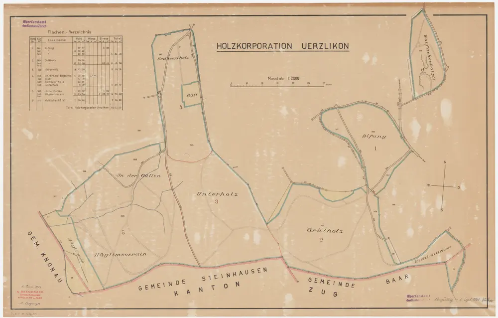 Kappel am Albis: Lehen- und Genossenschaftswaldungen Uerzlikon: Genossenschaftswaldungen Häglimoosrain, Güllen, Rüti (Reuten), Erdbeeriholz, Unterholz, Grütholz (Greutholz), Eichlenacker, Bifang, Eichhölzli, Wolfacherhölzli; Grundrisse