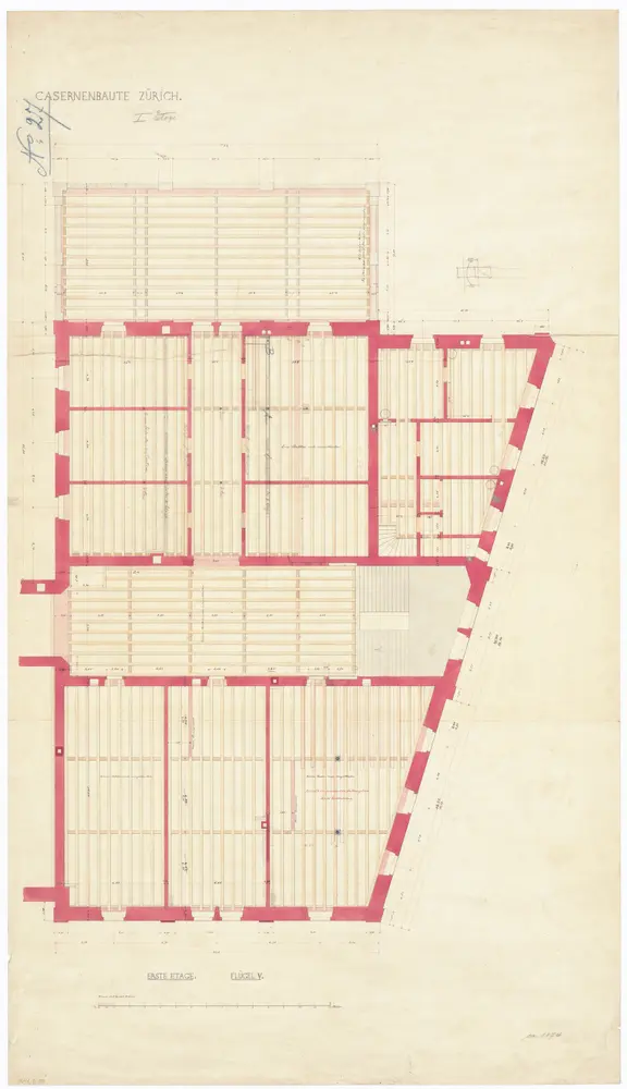 Projektierte Kaserne: Flügel V, 1. Stock; Grundriss