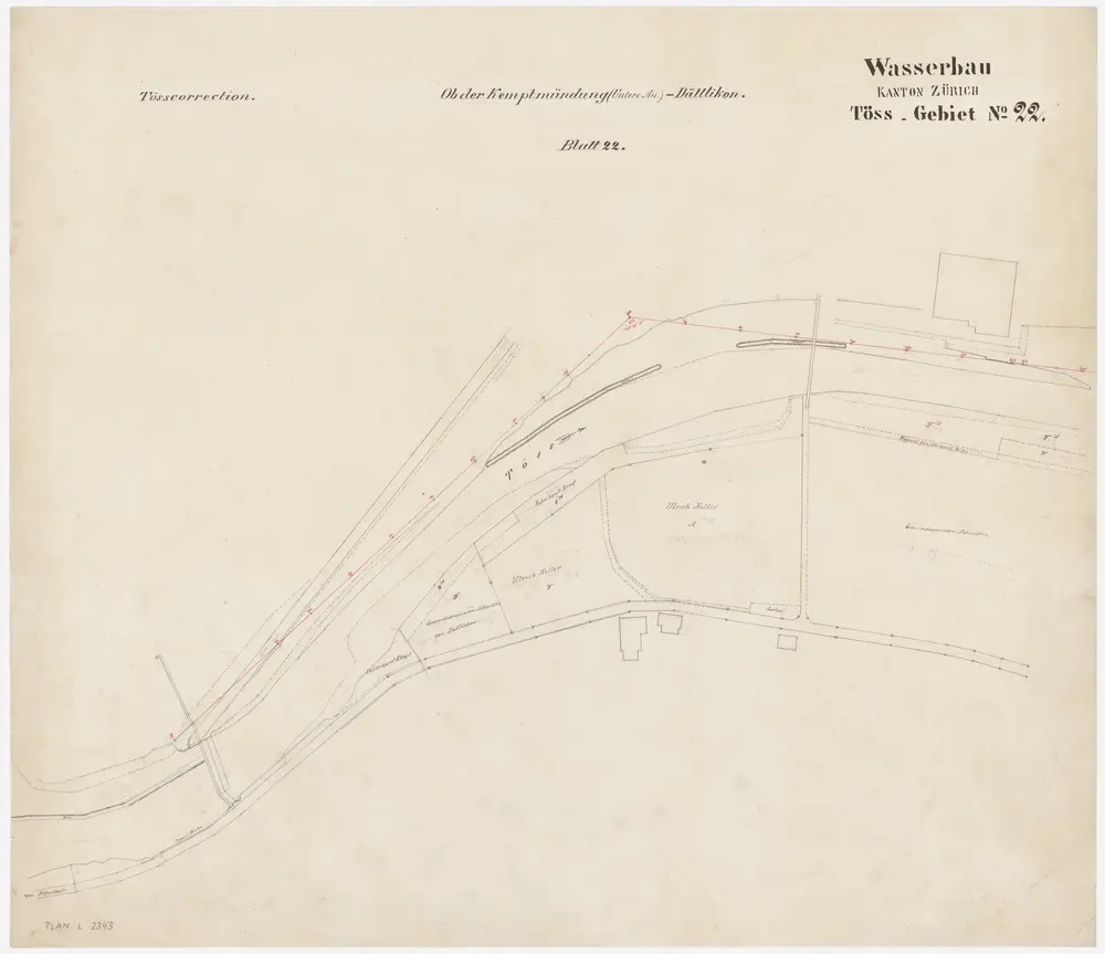 Pfungen, Neftenbach: Von oberhalb des Wehrs in Neupfungen bis unterhalb der eisernen Brücke in Pfungen, Tösskorrektion; Situationsplan (Töss-Gebiet Nr. 22, Blatt 22)