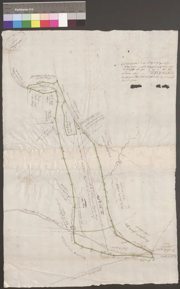 HZAN GA 100_Nr. 324_ : Obersöllbach (Kr. Öhringen); "Das Anhörnlein und Teufelsreut";ohne Verfasser;ohne Maßstab;61 x 43 cm; Norden rechts;Papier; Federzeichnung; Grenze farbig hervorgehoben; Einzeichnung der Steine.