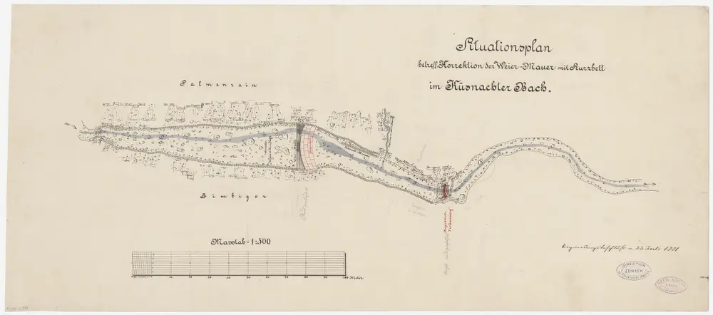 Küsnacht: Dorfbach unterhalb Palmenrain und Limbiger, Korrektion der Weihermauer; Situationsplan