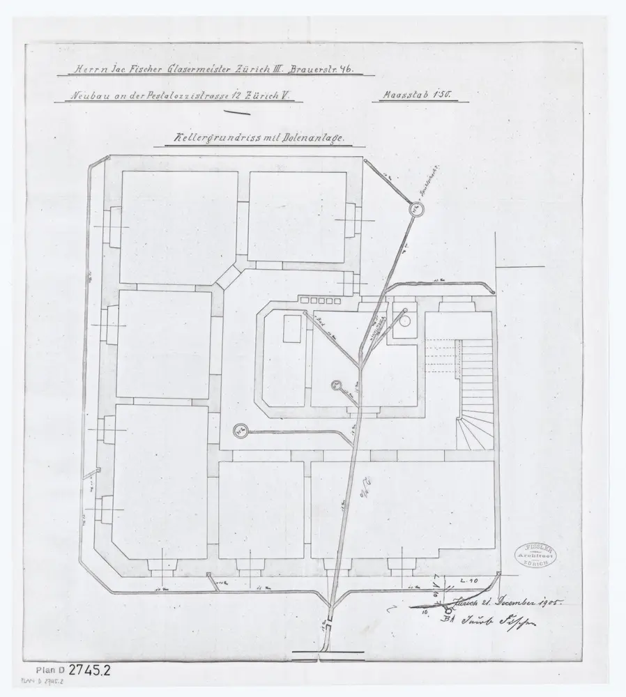 Liegenschaften Pestalozzistrasse 10 und 12: Neubau von Jacob Fischer, Glasermeister, Pestalozzistrasse 12: Kanalisation, Keller; Grundriss mit Dolenplan