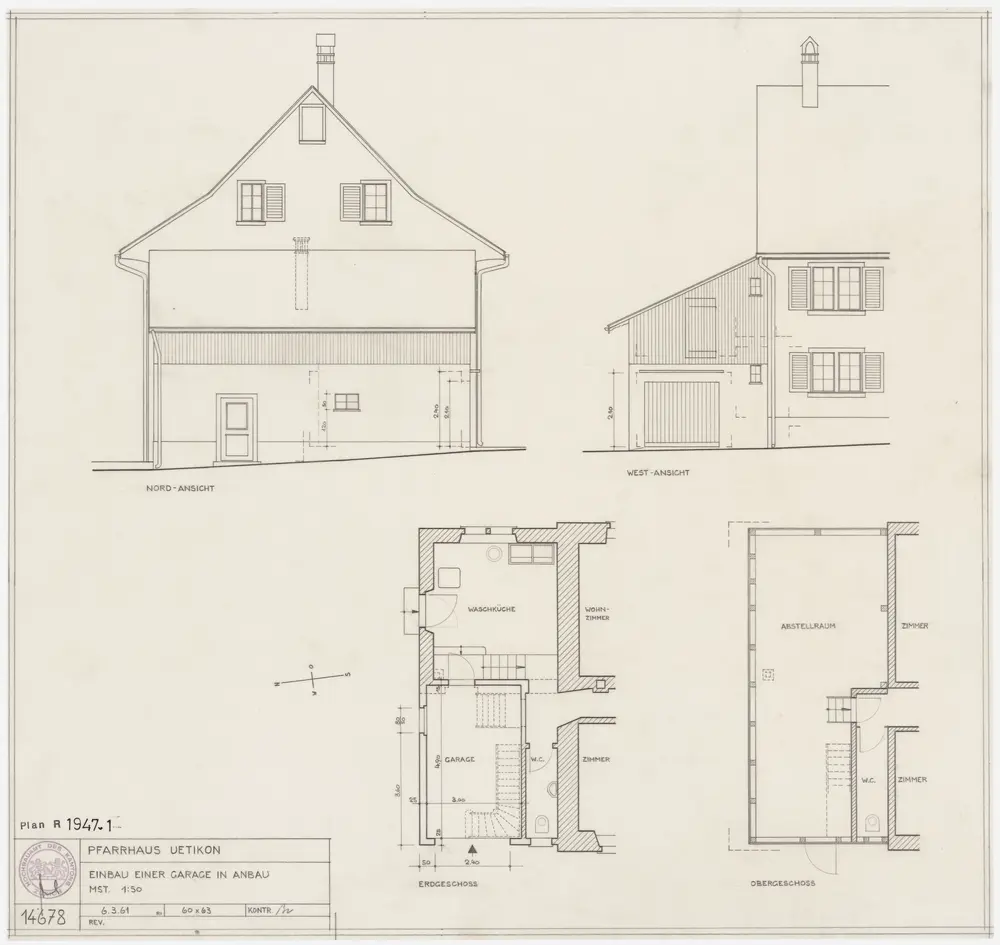 Uetikon am See: Pfarrhaus, Garageneinbau: Erdgeschoss und 1. Stock; Grundrisse, Nord- und Westansichten