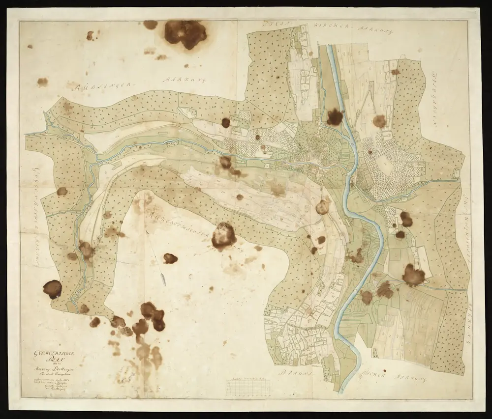 HZAN GA 100_Nr. 55_ : Döttingen (Kr. Schwäbisch Hall); "Geometrischer Plan über die Markung Döttingen";Geometer Fuchs jun. aus Reutlingen;100 württembergische Dezimalruten = 13,4 cm;139 x 117 cm; Norden oben nach links;Papier; Federzeichnung;Fluren, Waldungen, Häuser und Gewässer in Wasserfarben; Weingärten und Steinriegel besonders hervorgehoben; Grundstücke nummeriert.