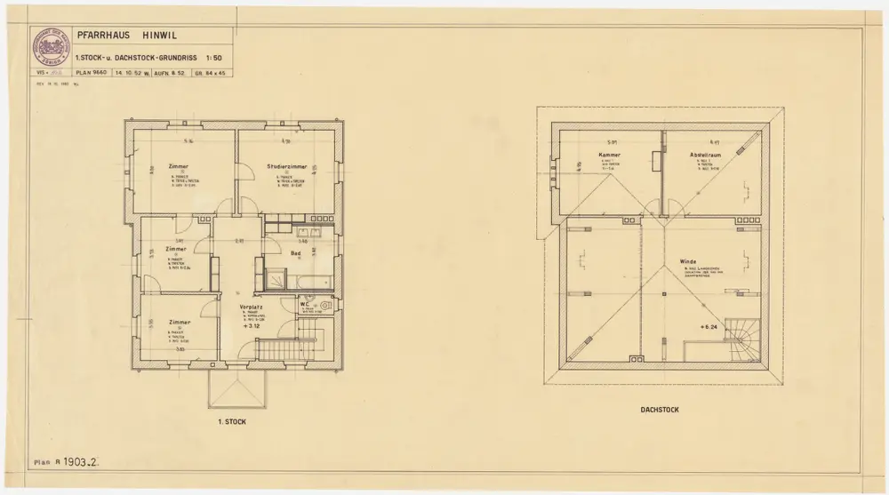Hinwil: Pfarrhaus: 1. Stock und Dachgeschoss; Grundrisse