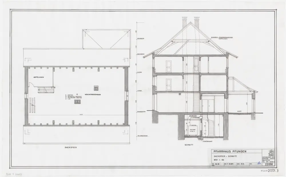 Pfungen: Pfarrhaus: Dachgeschoss; Grundriss sowie Querschnitt