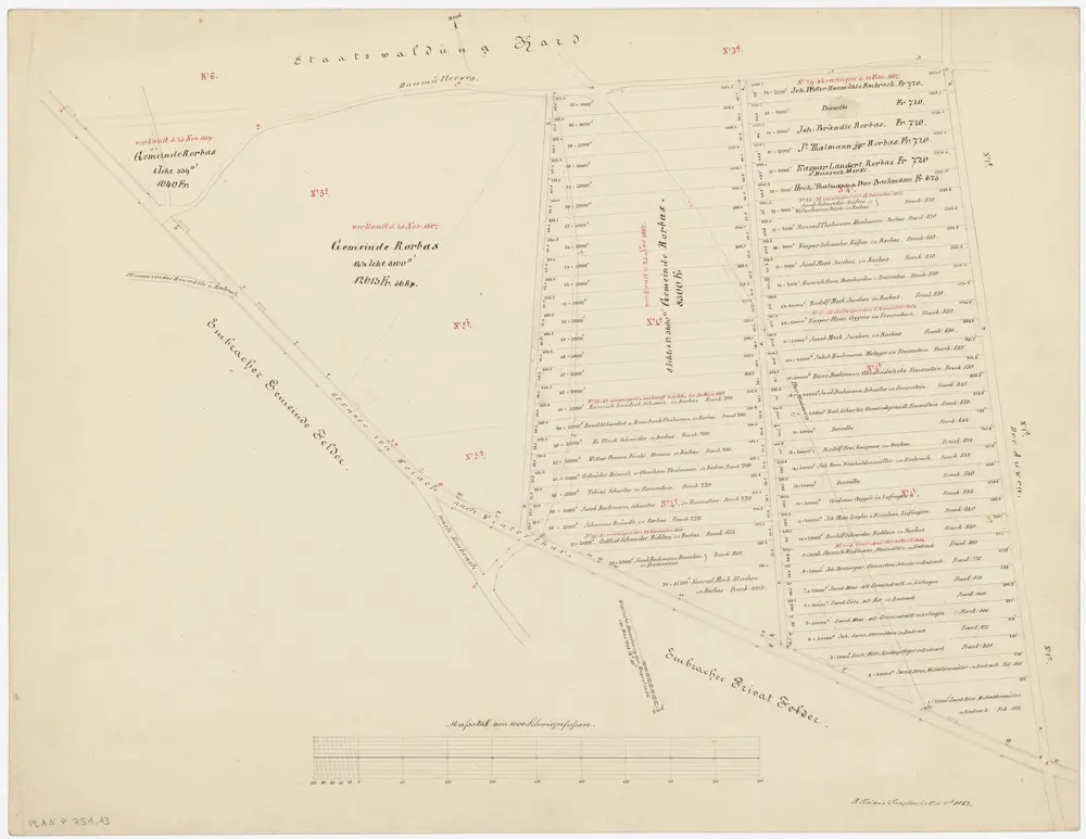 Embrach: Staatswaldung: Vom Staat in den Jahren 1864-1867 versteigerte Parzellen im Hard (Hardwald); Grundriss