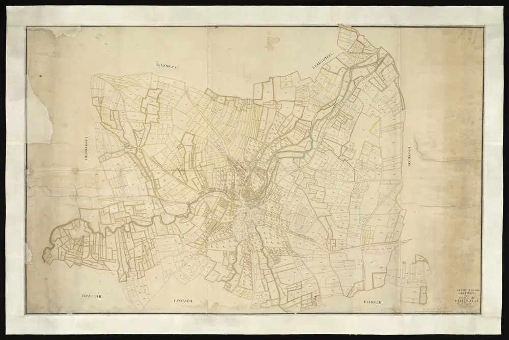 HZAN GA 100_Nr. 222_ : Kupferzell; "Geometrischer Grundriß über die Markung Kupferzell";Geodät Neunhöffer, Künzelsau;100 Dezimalruten = 12,6 cm [50 cm = 1 km];153 x 97 cm; Norden rechts;Papier; Federzeichnung; Fluren, Gewässer; Siedlungen und Wald in Wasserfarben; Grundstücke nummeriert.