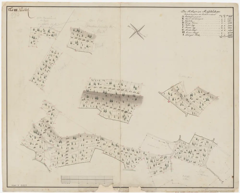 Rüschlikon: Gemeindewaldung, Kantonsspitalwaldung, Waldung der Stadt Zürich: Chalchofen (Kalchofen), Äbnet, Laimgrueb, Wydholz, Hinteregg, Langentannen (Langtannen), Spittelegg (Spitalegg), Hinteregg, Chopfholz (Kopf), Kängelholz; Grundrisse (Tab. III)