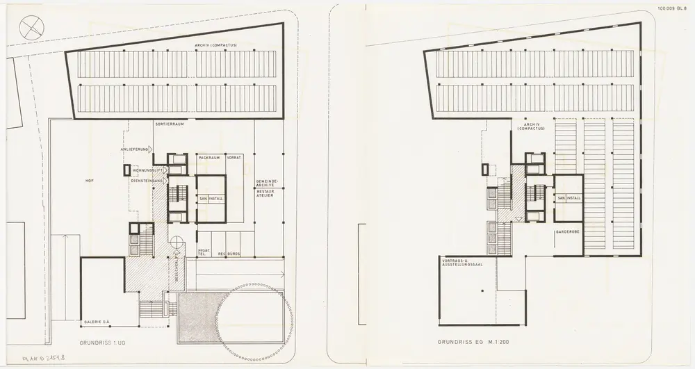 Staatsarchiv des Kantons Zürich, projektierter Neubau zwischen Zeltweg, Wettingerwies und Promenadengasse: Generelle Studie: 1. Untergeschoss und Erdgeschoss; Grundrisse