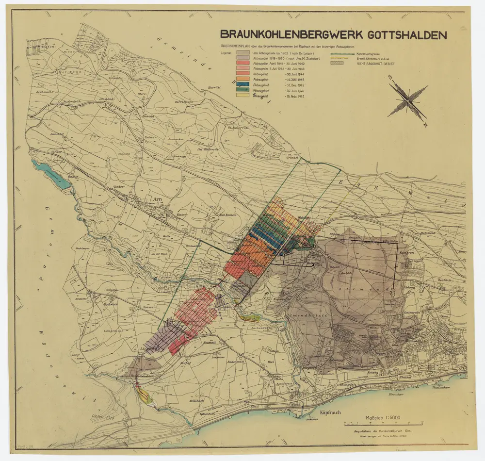 Horgen: Kohlebergwerk Käpfnach, Bereiche Gottshalden und Gwandlen, Kohlevorkommen und bisherige Abbaugebiete von vor 1902 bis 1947; Übersichtsplan