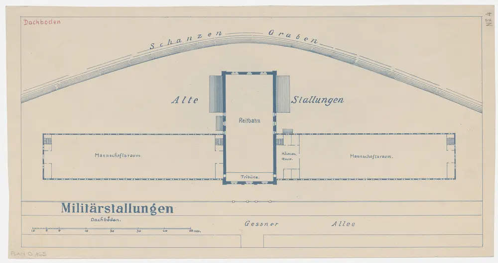 Zürich: Militärstallungen an der Gessnerallee zwischen dem Schanzengraben und der Sihl, Dachgeschoss; Grundriss (Nr. 4)