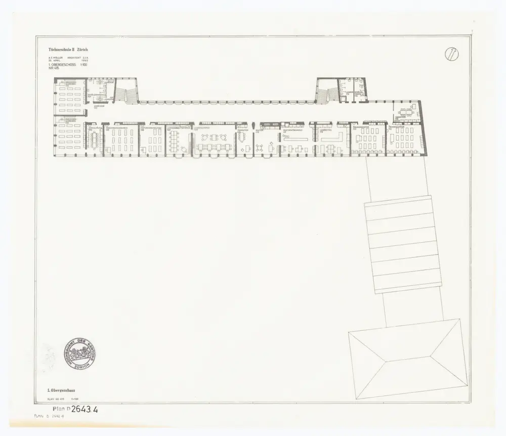 Kantonsschule Hottingen (Töchterschule II Zürich): Fassaden, Grundrisse, Schnitte: 1. Stock; Grundriss