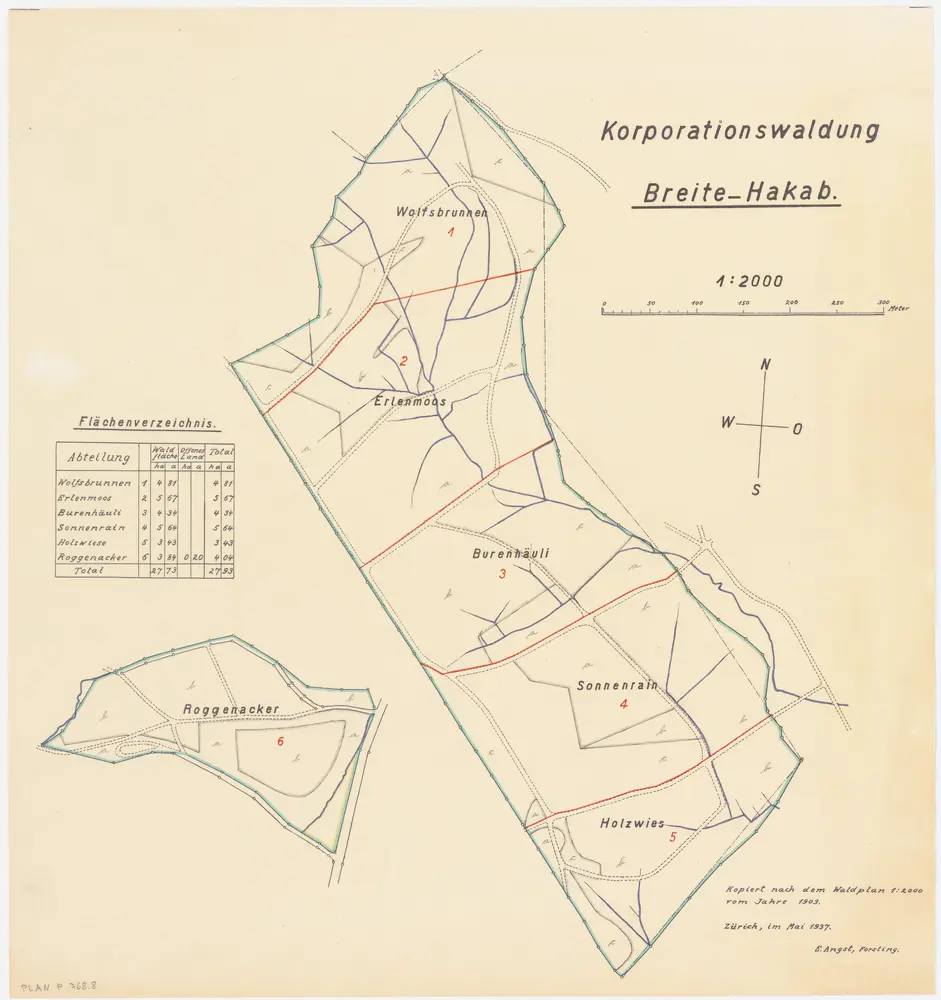 Nürensdorf: Gemeinde- und Genossenschaftswaldungen Breite-Hakab: Genossenschaftswaldungen Roggenacher und Honasp mit Wolfsbrunnen, Erlenmoos, Purenhäuli (Im Baurenhäuli), Sonnenrain, Holzwis (Holzwies); Grundrisse