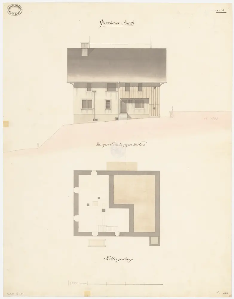 Buch am Irchel: Pfarrhaus; Westansicht und Grundriss des Kellers (Nr. 3)