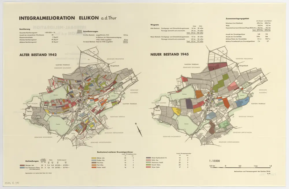 Ellikon an der Thur: Integralmelioration, alter Bestand 1942 und neuer Bestand 1945; Übersichtsplan