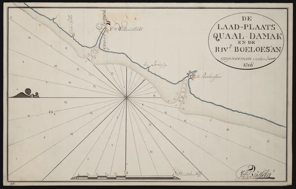 Geteekende kaart van de laadplaats Quaal-Damak en de rivier Boeloes'an. Getekend door J.T. Busscher.