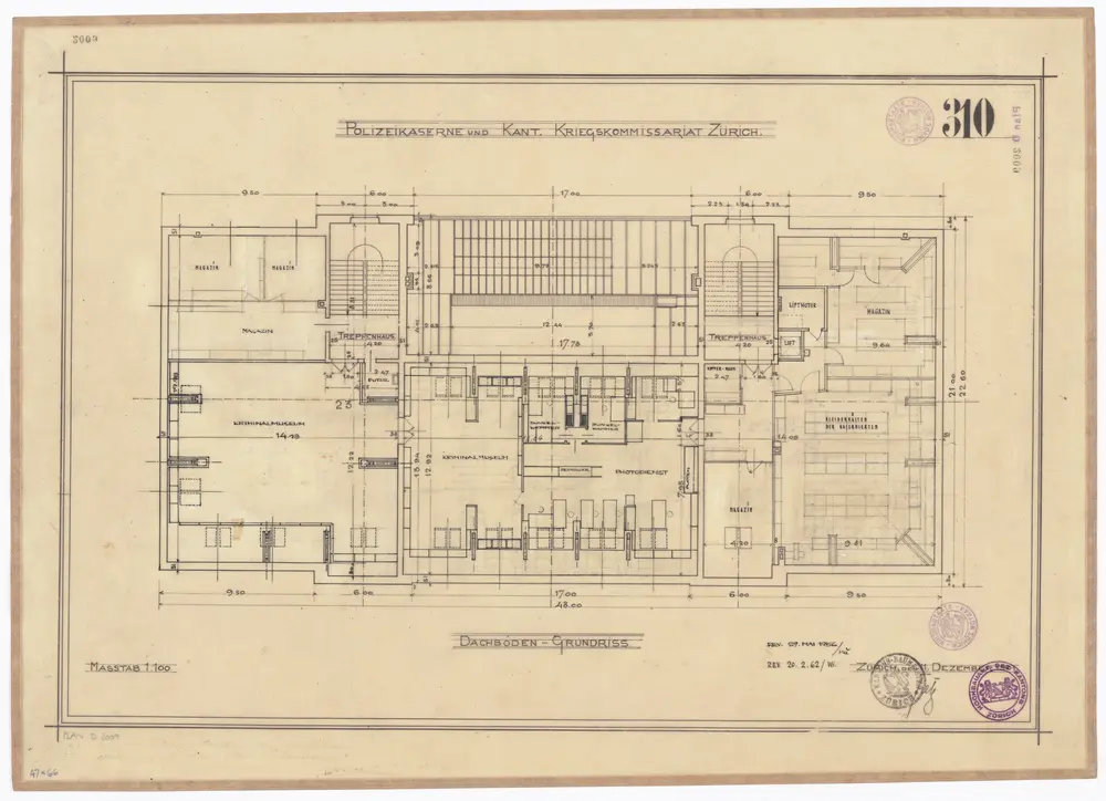 Polizeikaserne und kantonales Kriegskommissariat: Dachboden; Grundriss