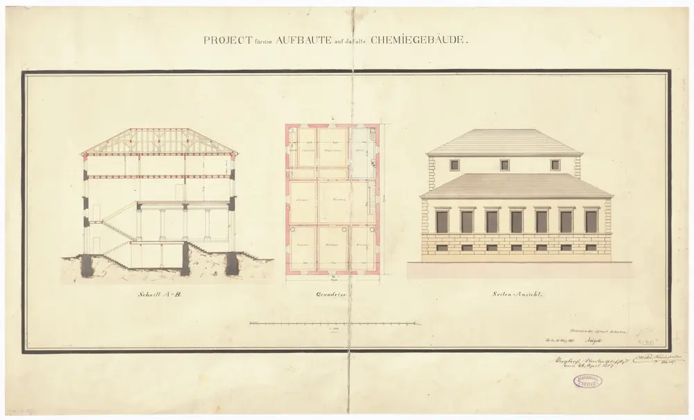 Kantonales Chemiegebäude: Projektierter Aufbau auf den Mittelbau; Seitenansicht, Grundriss und Schnitt A-B