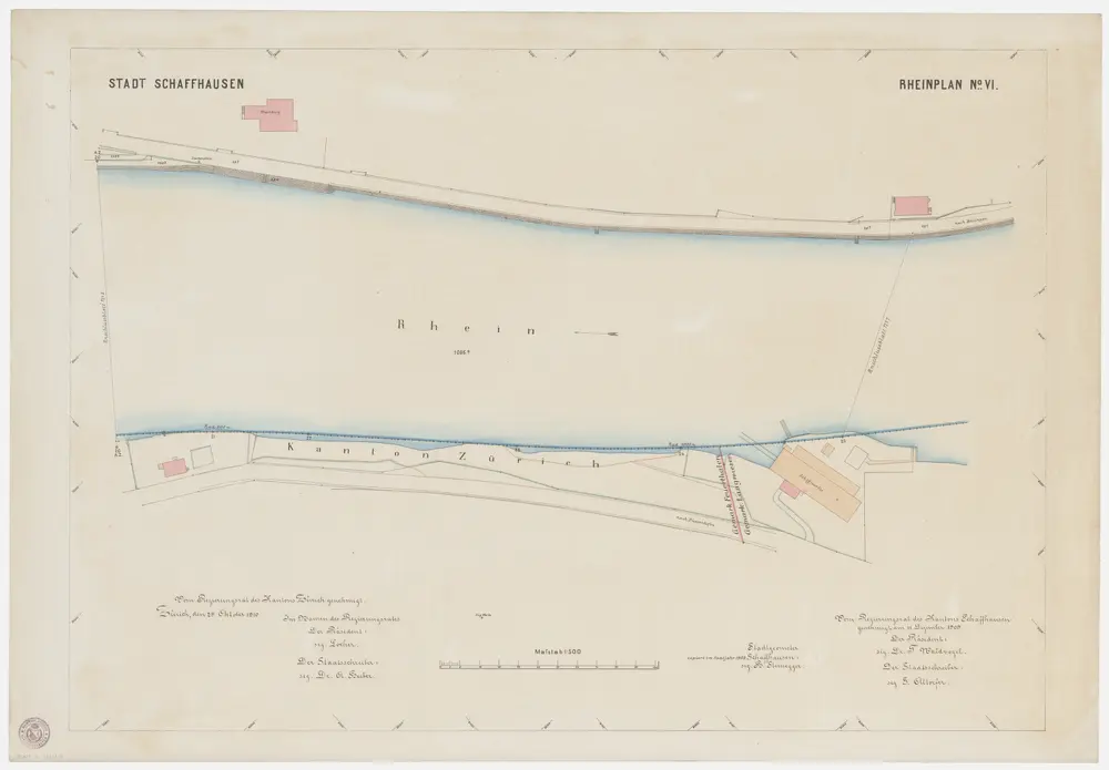 Feuerthalen, Flurlingen, Schaffhausen: Grenze zwischen den Kantonen Zürich und Schaffhausen beim Rhein zwischen Langwiesen und Flurlingen; Grundrisse: Blatt 6: Kantonsgrenze zwischen Schaffhausen (Rheinburg) und Feuerthalen sowie Langwiesen; Grundriss