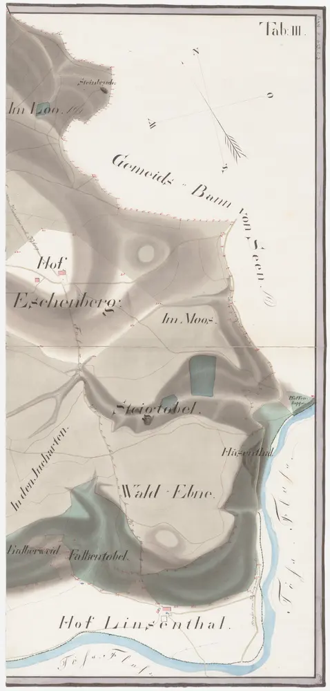 Winterthur, Oberwinterthur, Wülflingen, Turbenthal: Stadtwaldung Winterthur: Südöstlicher Teil: Im Loo, Hof Eschenberg, Im Moos, Jucherten (Jucharten), Hinterwald (Wald Ebne), Steigtobel, Häsenthal, Chalberweid, Falkentobel, Häsental; Grundriss (Tab. III)