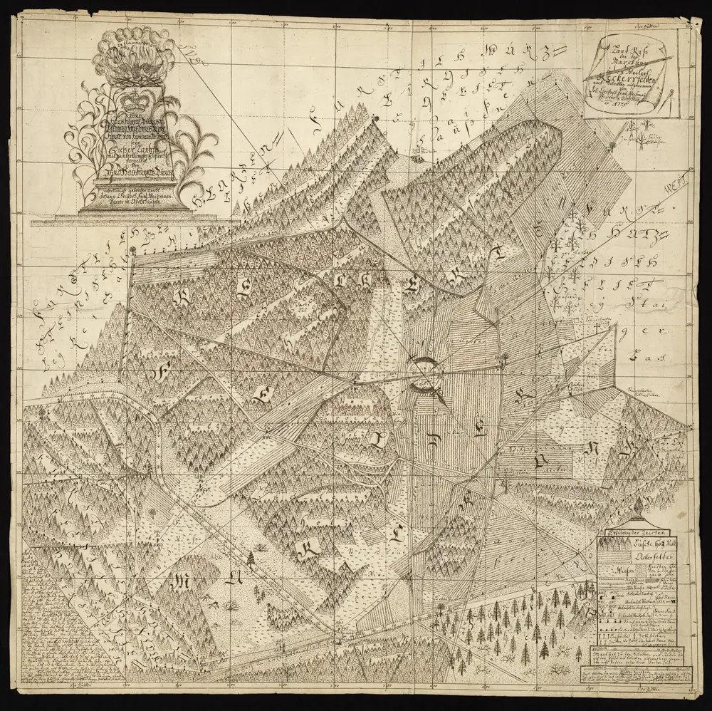 HZAN GA 100_Nr. 15_ : Adolzhausen; "Landriß von der Markung des öden Weilers Reckersfelden, nach Schritten aufgenommen";Johann Christoph Friedrich Weißmann, Pfarrer in Adolzhausen;ohne Maßstab; 67,5 x 66 cm; Norden unten nach rechts; in der Mitte eine Windrose;Papier; Federzeichnung mit differenzierten Zeichen für Wald, Äcker, Wiesen und Weiden;Darstellung der Grenzen; die Grenzsteine sind bezeichnet und mit der Zahl der Schritte versehen.