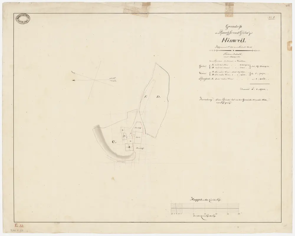 Hinwil: Pfrundgüter unter dem Pfarrhaus sowie unter der Scheune, vordere und hintere Wiese; Grundriss (Nr. 1)