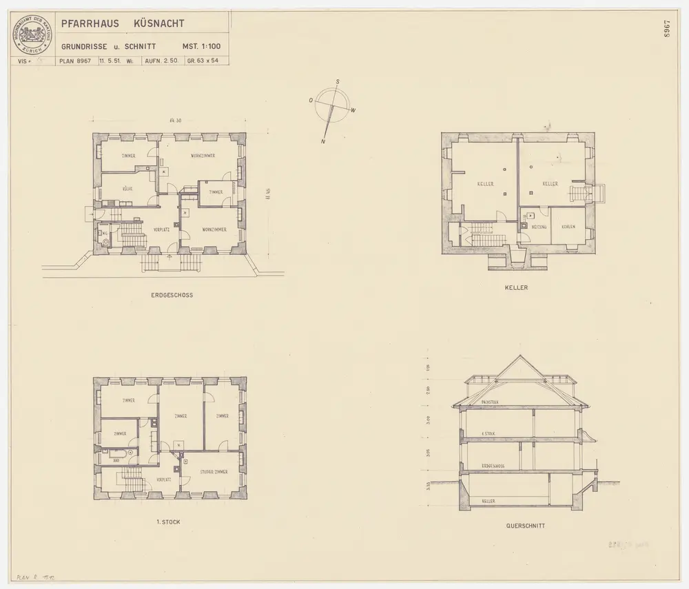 Küsnacht: Pfarrhaus; Grundrisse des Kellers, des Erdgeschosses und des 1. Stocks sowie Querschnitt