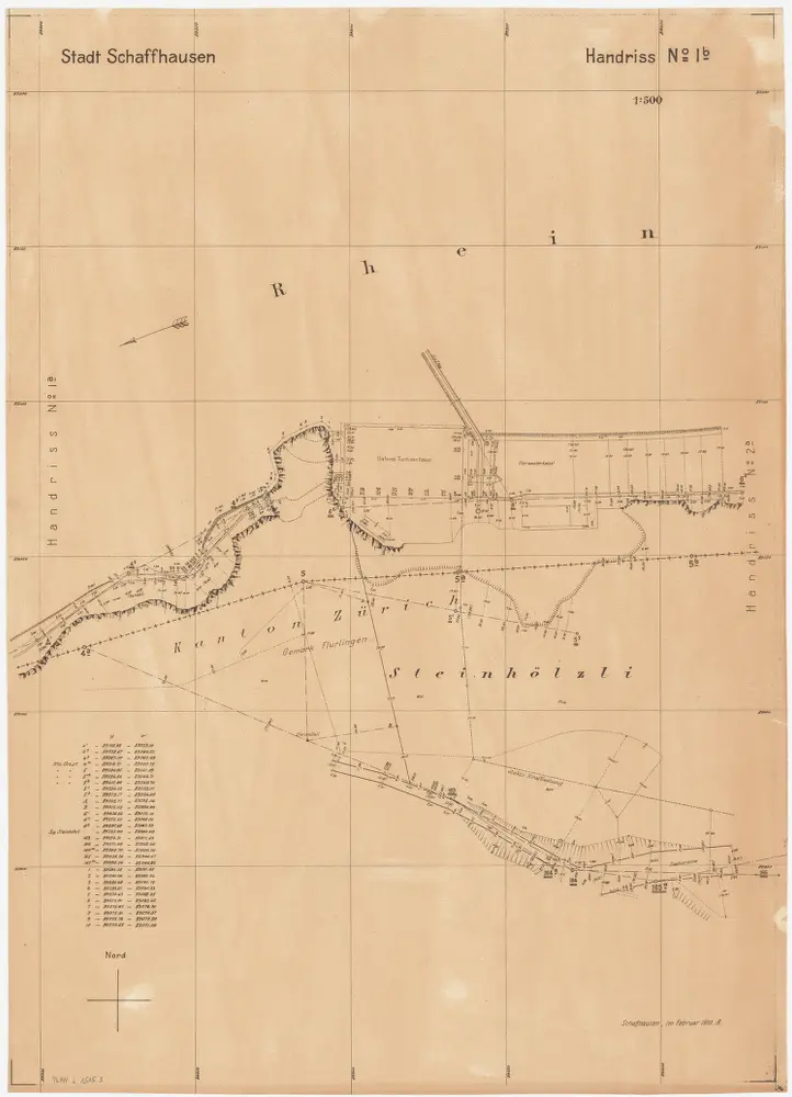 Feuerthalen bis Flurlingen: Durch den Vertrag vom 11.01.1901 zwischen den Kantonen Zürich und Schaffhausen festgelegter Grenzverlauf am linken Rheinufer bei Schaffhausen; Situationsplan-Handrisse: Rhein bei Steinhölzli in Flurlingen; Situationsplan-Handriss (Nr. 1 b)