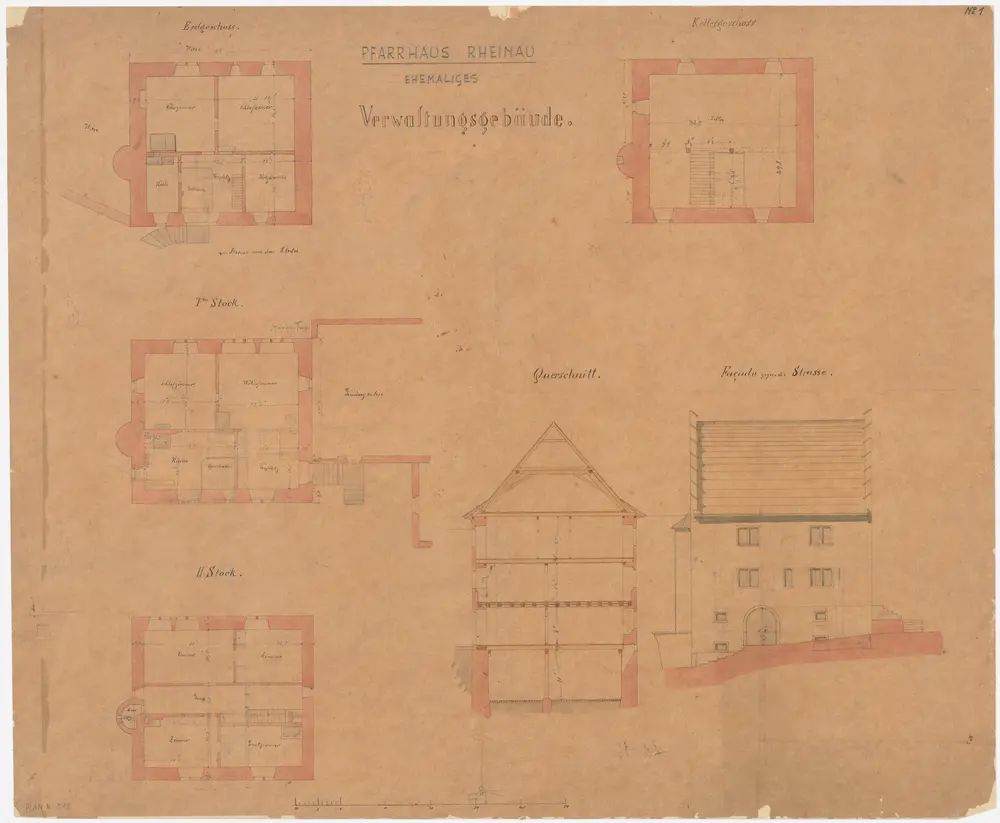 Rheinau: Pfarrhaus (ehemaliges Verwaltungsgebäude); Grundrisse des Kellers, des Erdgeschosses und des 1. und 2. Stocks, Ansicht und Querschnitt (Nr. 1)