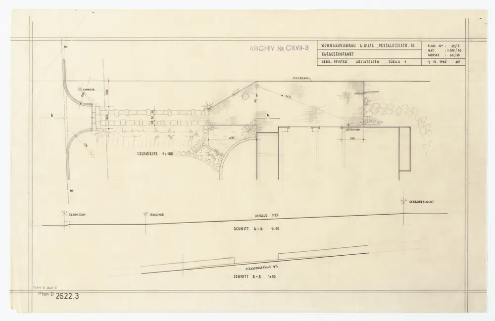 Wohnhaus von Herrn A. Hiltl, Pestalozzistrasse 50: Umbau: Garageneinfahrt; Grundriss und Schnitt
