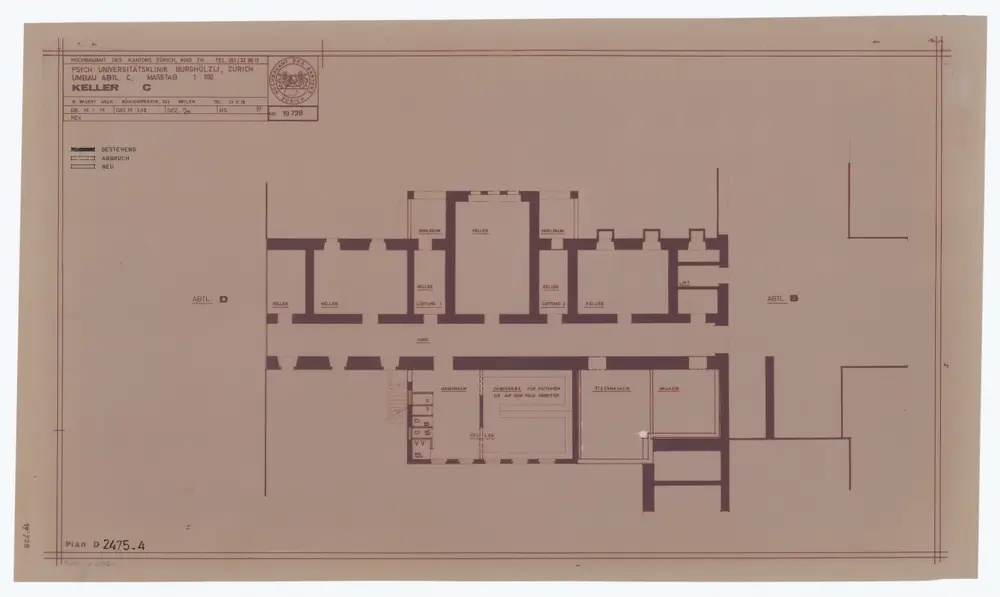 Psychiatrische Universitätsklinik Burghölzli: Umbau der Abteilung C: Keller; Grundriss