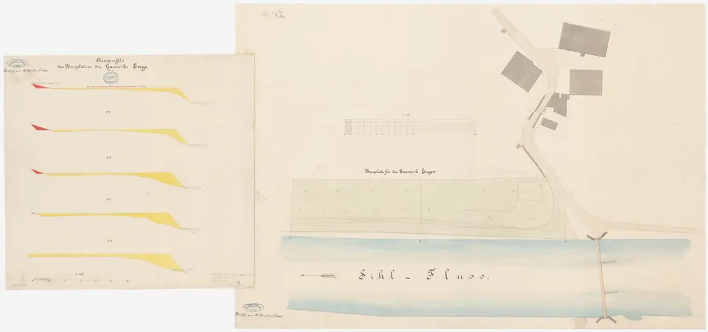 Enge: Sihl, Bauplatz für das Gaswerk; Situationsplan und Querprofile