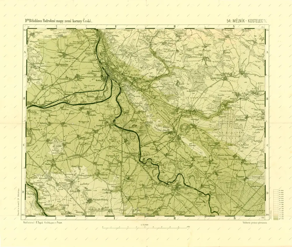 Podrobné mapy zemí Koruny české v měřítku 1:75.000 a mapa vzdáleností všech míst při silnici ležících - Mělník - Kostelec n. L. Průvodce statisticko-historický po všech místech na těchto mapách uvedených a rejstřík věcný názvů hor, potoků, řek, rybníků atd. Sešit 7. List 54,