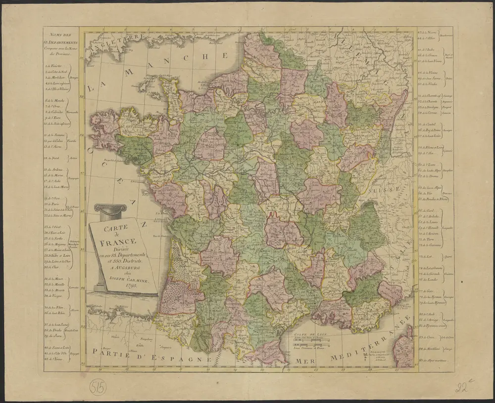 Carte de France divisée en ses 85 departements et 550 districts