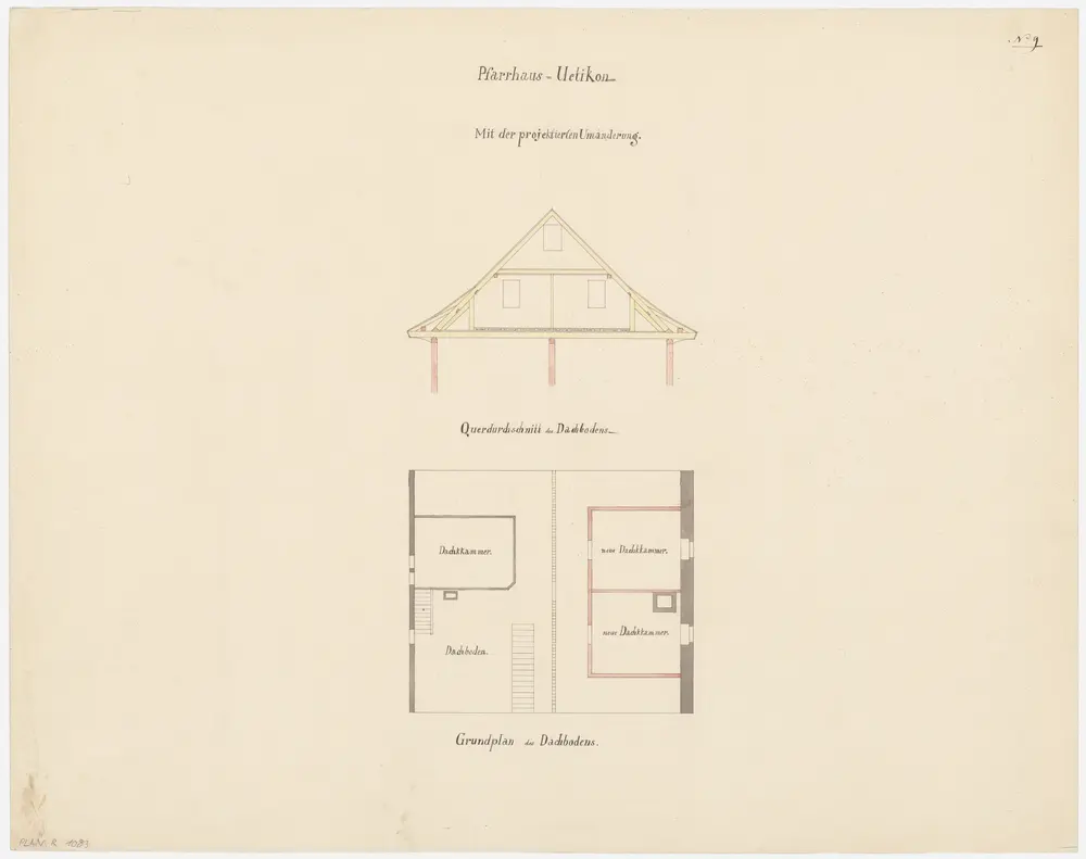 Uetikon am See: Pfarrhaus, projektierte Umänderung, Dachgeschoss; Grundriss und Querschnitt (Nr. 9)