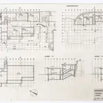 Universität Zürich (Nebengebäude Stockargut): Ansichten, Grundrisse und Schnitte: Untergeschoss, Erdgeschoss und 1. Stock; Grundrisse, Schnitte 1-1 und 2-2