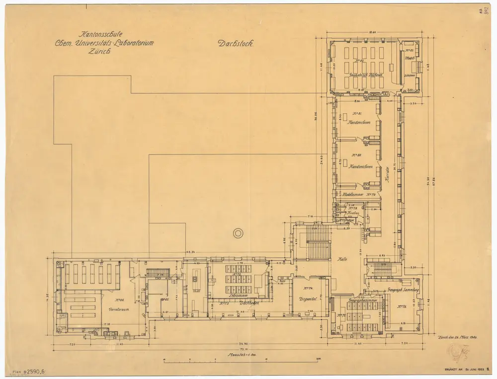 Universität Zürich (Chemisches Institut) und Kantonsschule Zürich, Neubau Rämistrasse 76: Grundrisse: Dachstock; Grundriss