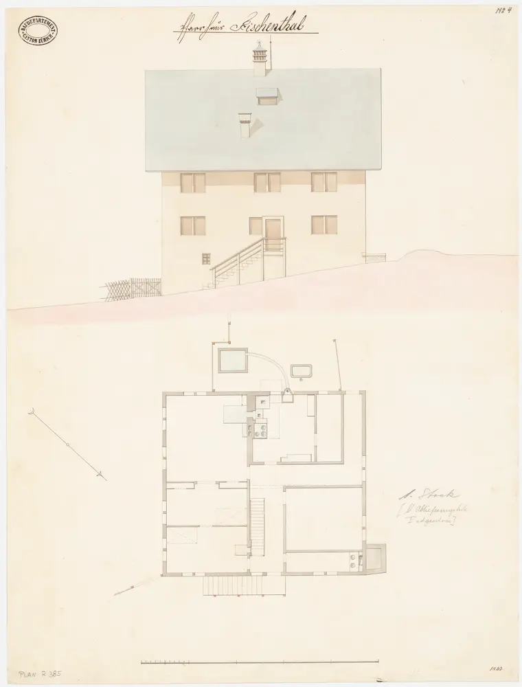 Fischenthal: Pfarrhaus; Nordostansicht und Grundriss des Erdgeschosses (Nr. 4)