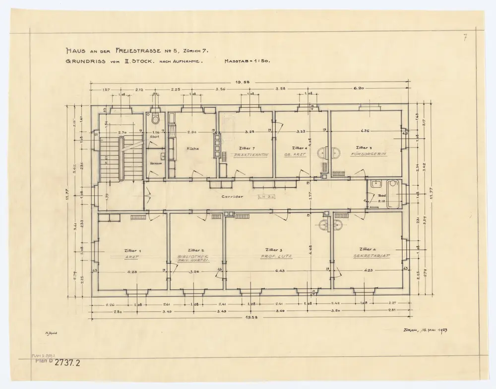 Haus Freiestrasse 15: Grundrisse und Querschnitt: 2. Stock; Grundriss