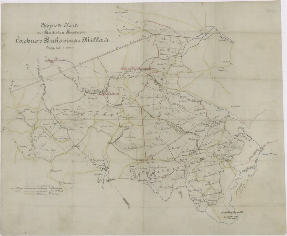 Mapa silniční sítě knížecích polesí Čachnov, Bukovina a Milovy